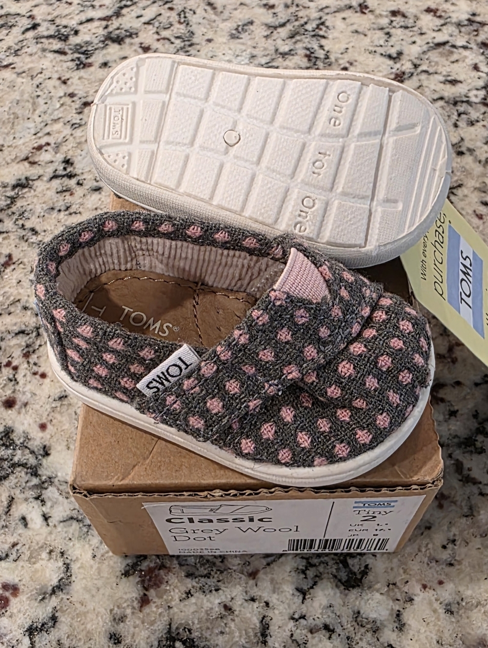 Toms Kids Grey Wool Dot Classic Slip-On w/ Pink Polka Dots - Size Tiny 2 - NWT/B